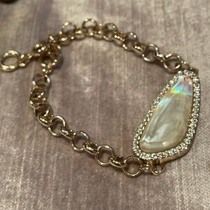White Mother Of Pearl Rhinestone Abstract Bracelet 5”-8.75” Goldtone